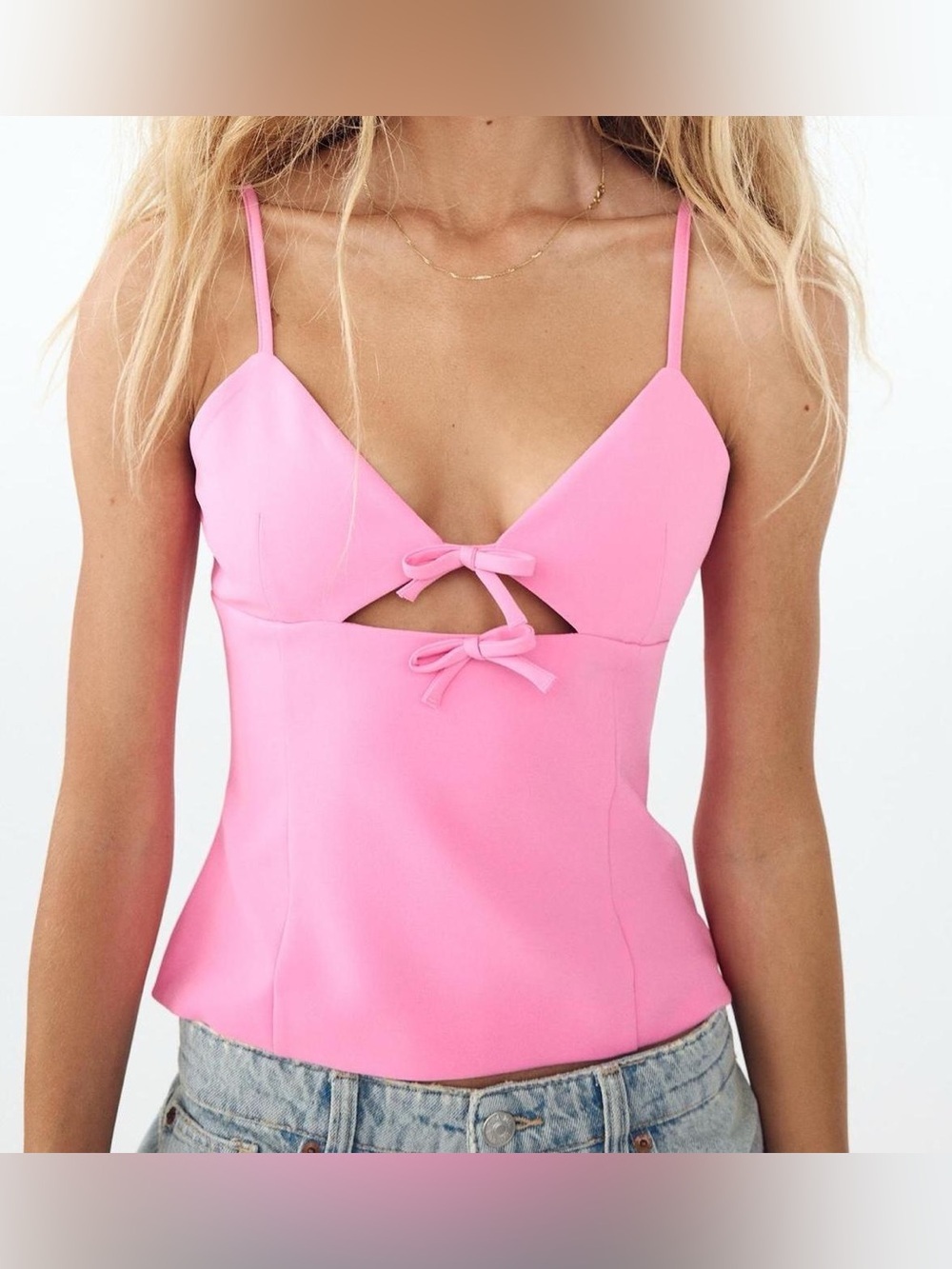 Zara bows top cutout stretch fuchsia barbiecore sleeves vneck bubblegum tank